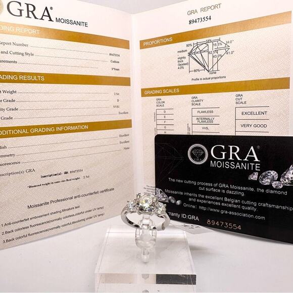Cushion Cut Moissanite Ring 3 Stone Trilogy Engagement Wedding GRA 18K 925 - Picture 2 of 12